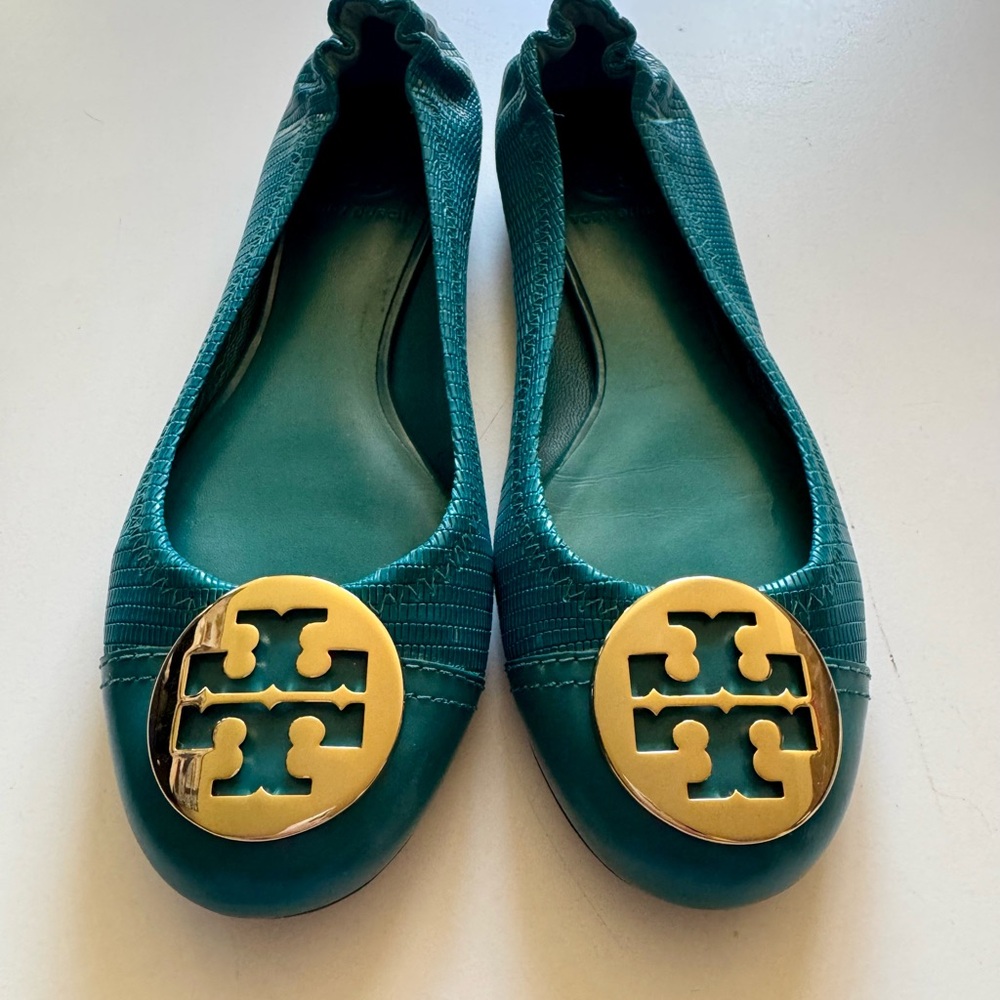 Tory Burch Teal Flats with Gold Emblem